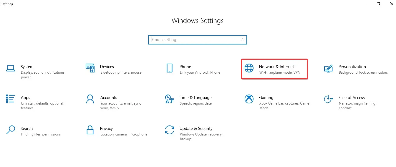 Opción de red e internet en Windows 10