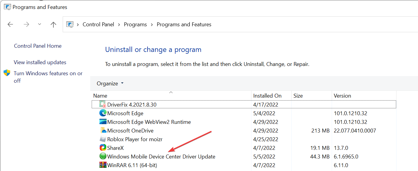 Desinstalación de la actualización del controlador del Centro de dispositivos de Windows Mobile