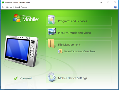 La ventana de configuración del dispositivo del centro de dispositivos móviles de Windows