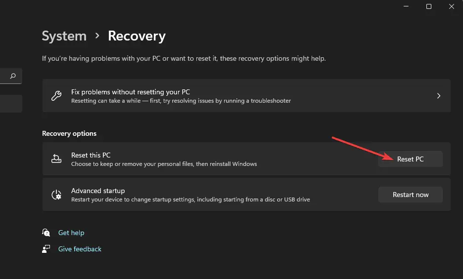 La opción Restablecer PC error del sistema de archivos ntfs windows 11