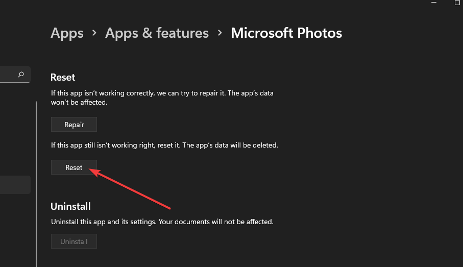 La aplicación de fotos del botón de reinicio no funciona en Windows 11