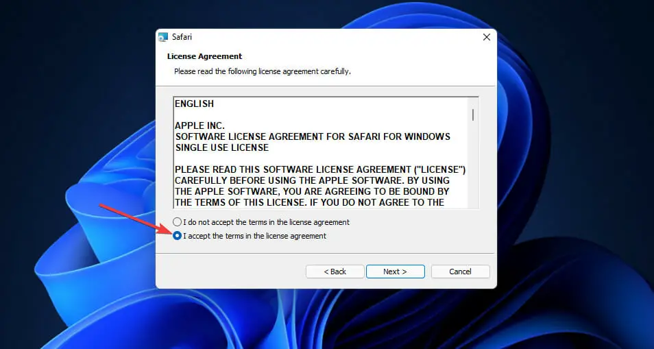 La opción Acepto los términos descargar safari windows 11