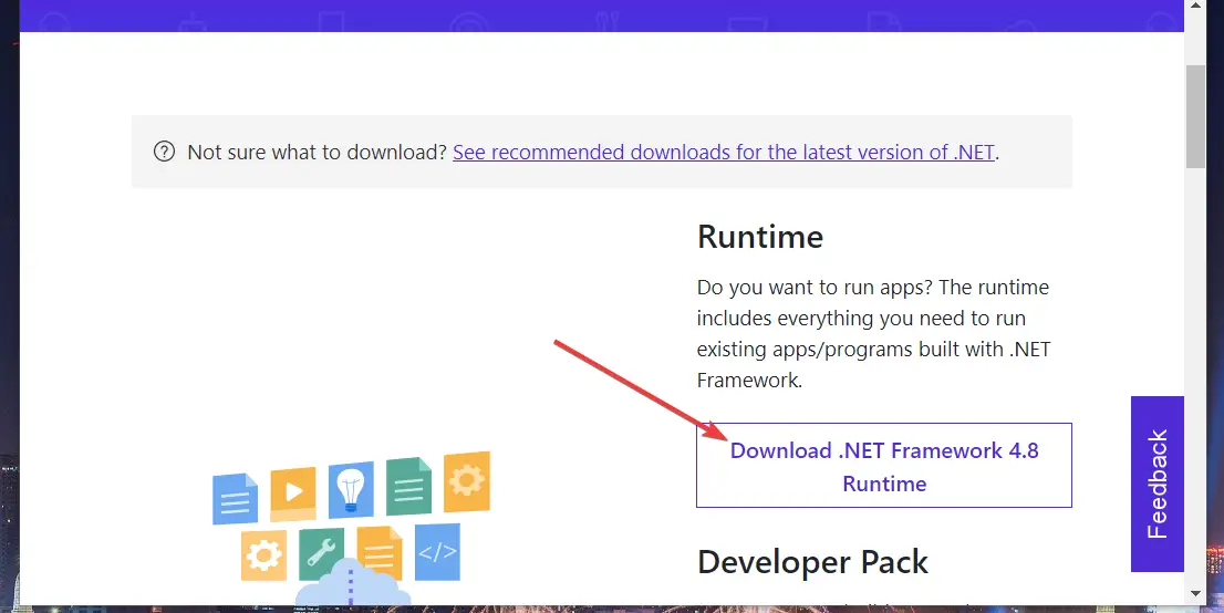 La opción Descargar .NET Framework 4.8 Runtime 0x80070643 windows 11