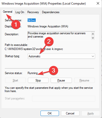 compruebe si se está ejecutando Adquisición de imágenes de Windows (WIA): el escáner canon mx310 no funciona