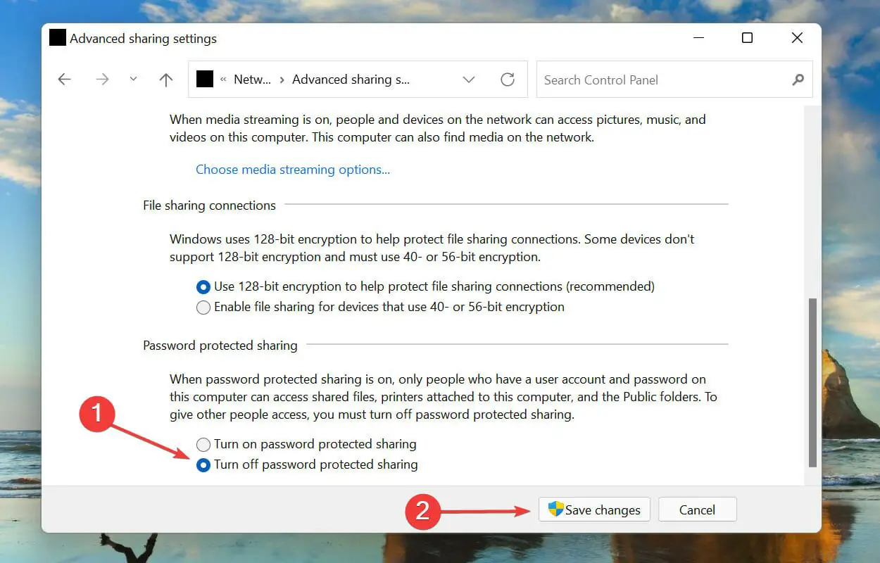 Desactive el uso compartido protegido por contraseña en Windows 11