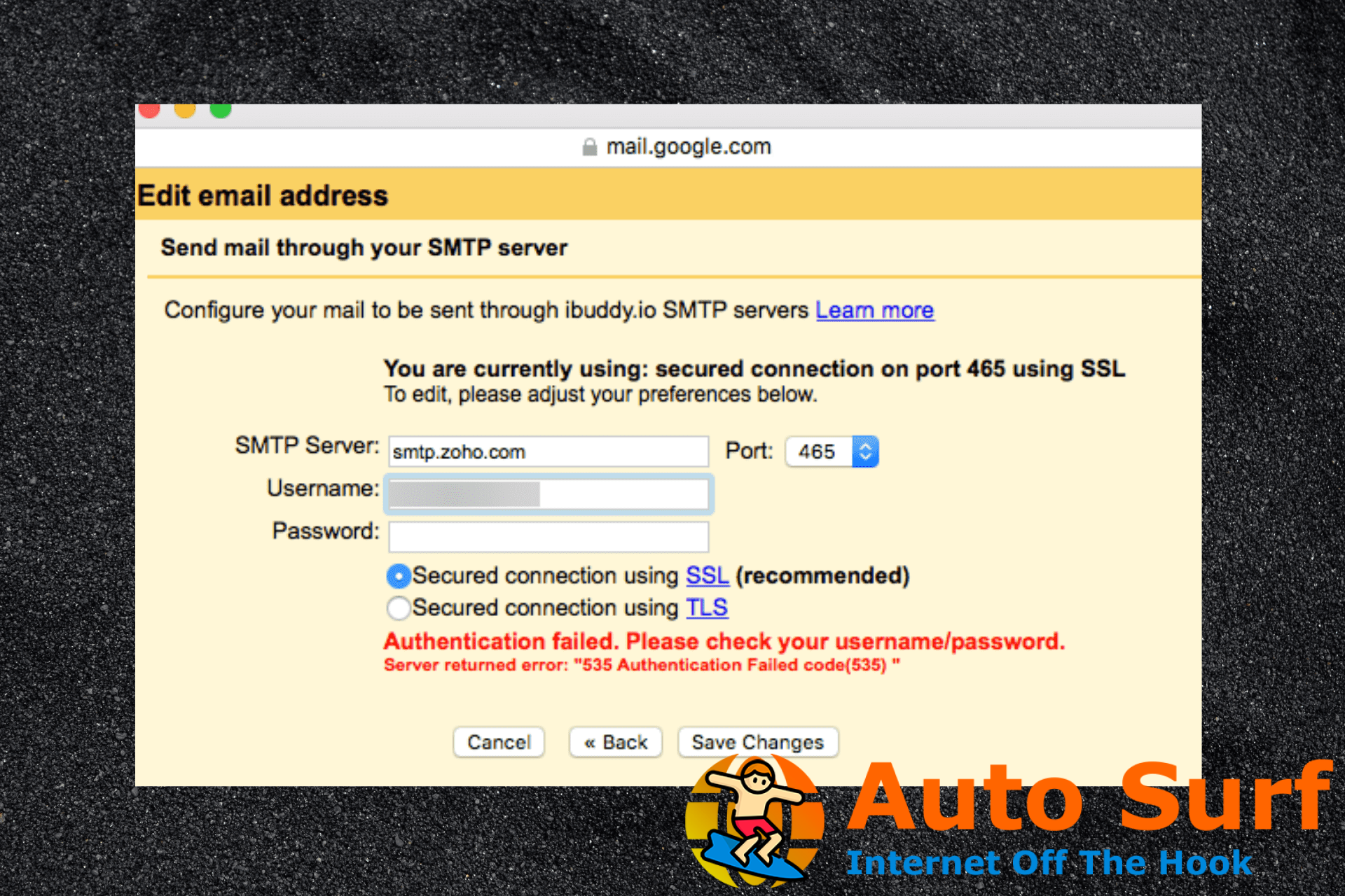 Error de autenticación SMTP