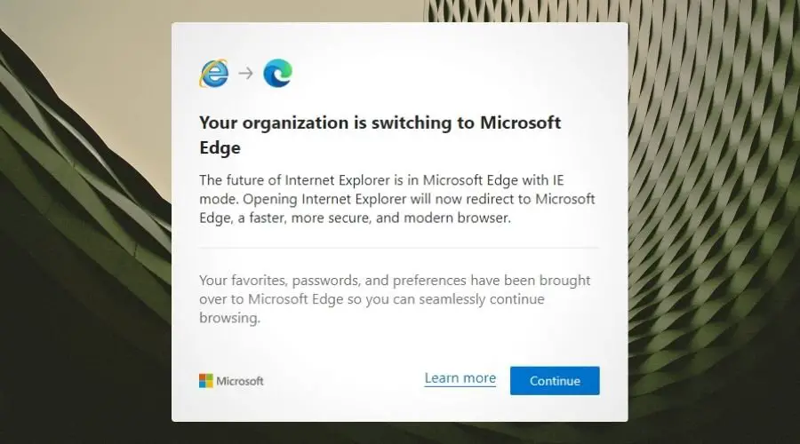 Captura de pantalla en la que su organización está cambiando a Microsoft Edge