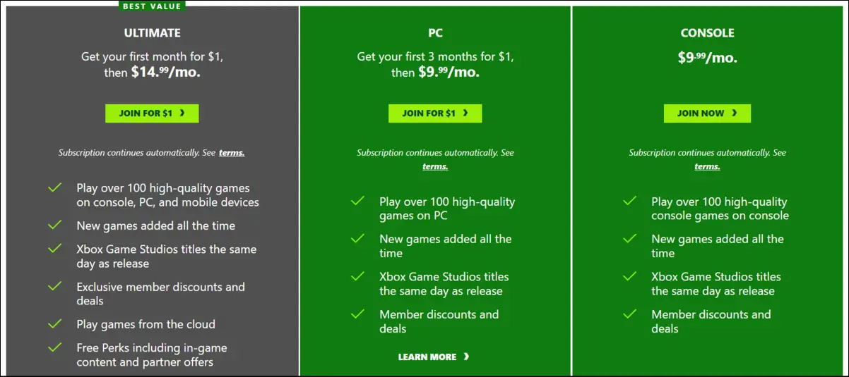 Planes de suscripción de Xbox Game Pass