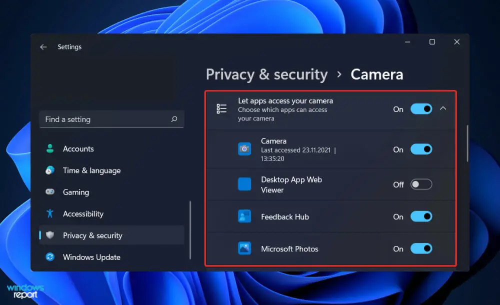 Aplicación let-apps-access-camera usando la cámara en Windows 11 de fondo
