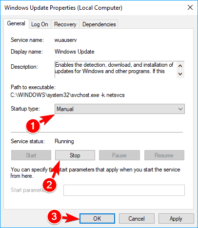 Las propiedades del servicio de actualización de Windows se detienen