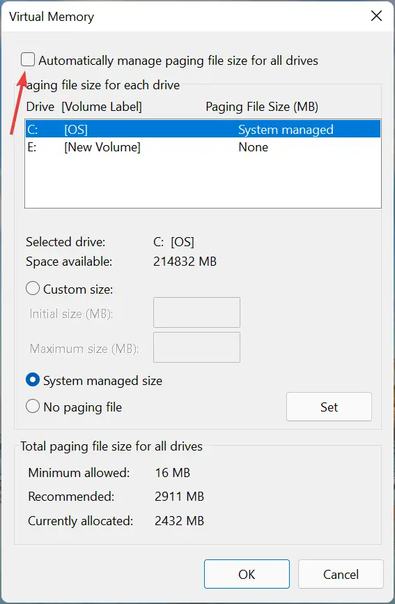 Administre automáticamente el tamaño del archivo de paginación para todas las unidades