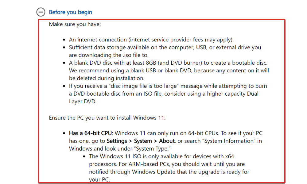 Error al descargar la iso de Windows 11 antes de comenzar los requisitos