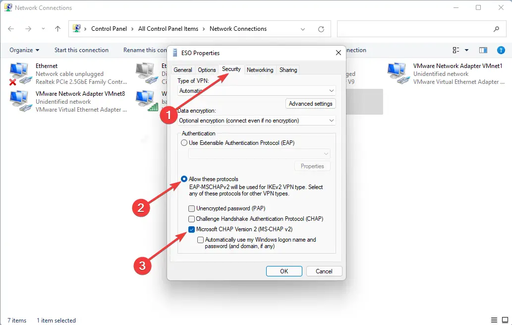 marque la casilla Microsoft-CHAP Versión 2 para corregir el error L2TP en Windows 11