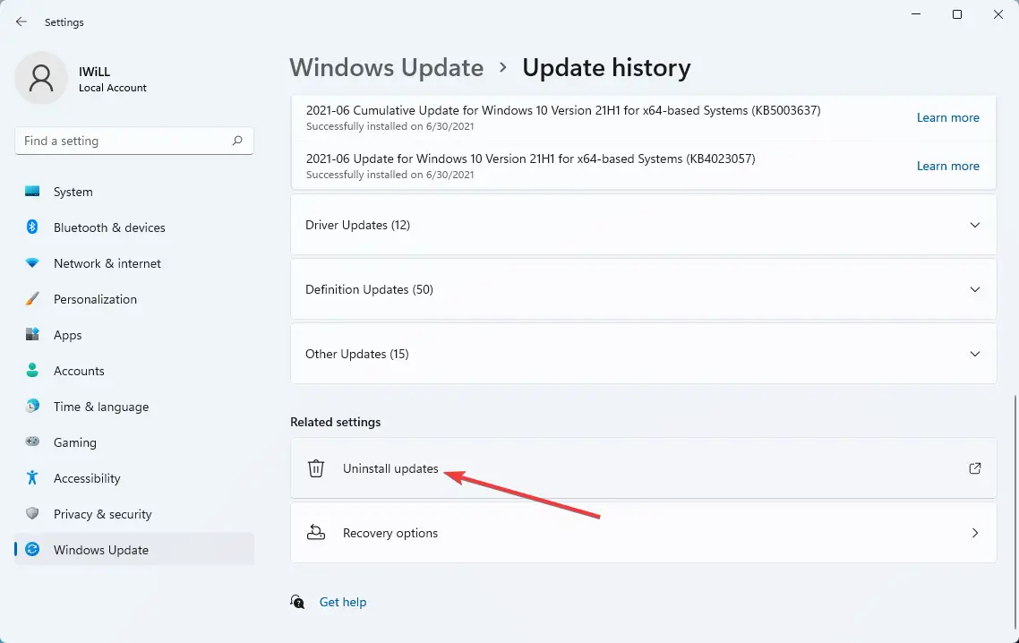 Desinstalación de actualizaciones para reparar Windows 11 l2tp vpn no funciona
