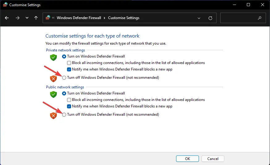 La opción Desactivar Firewall de Windows Defender Windows 11 error de activación 0x87e10bc6