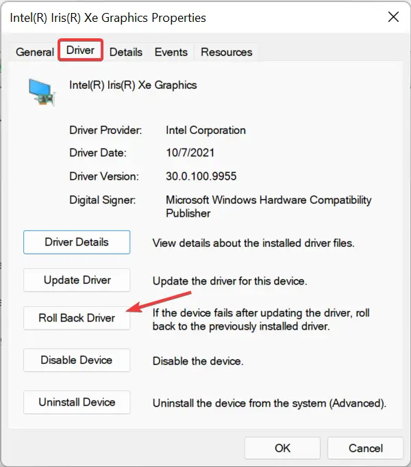 revertir el controlador para corregir el código de error 43 de Windows 11
