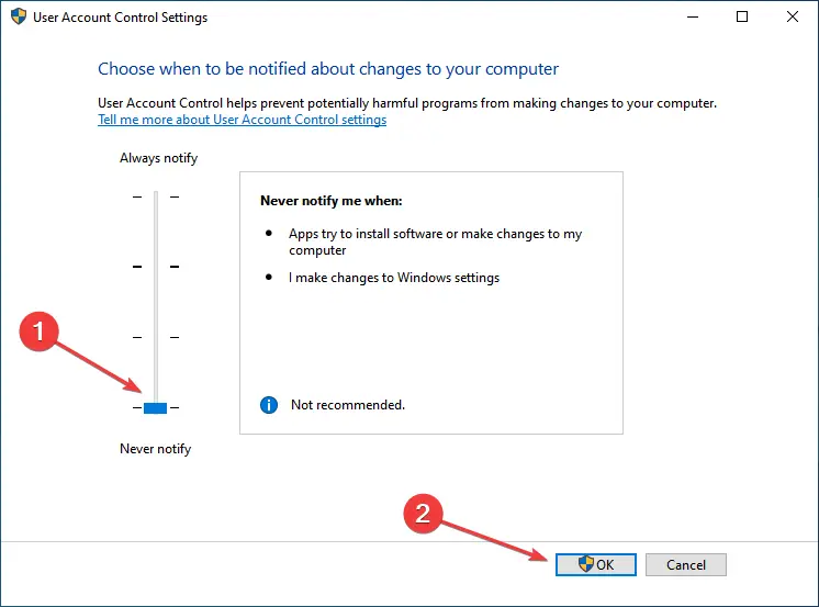 deshabilite UAC para reparar el administrador de acceso denegado de Windows 10