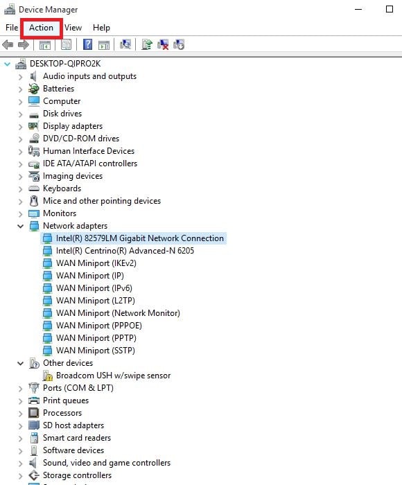 menú de acción administrador de dispositivos La computadora portátil HP no se conecta a Wi-Fi en Windows 10