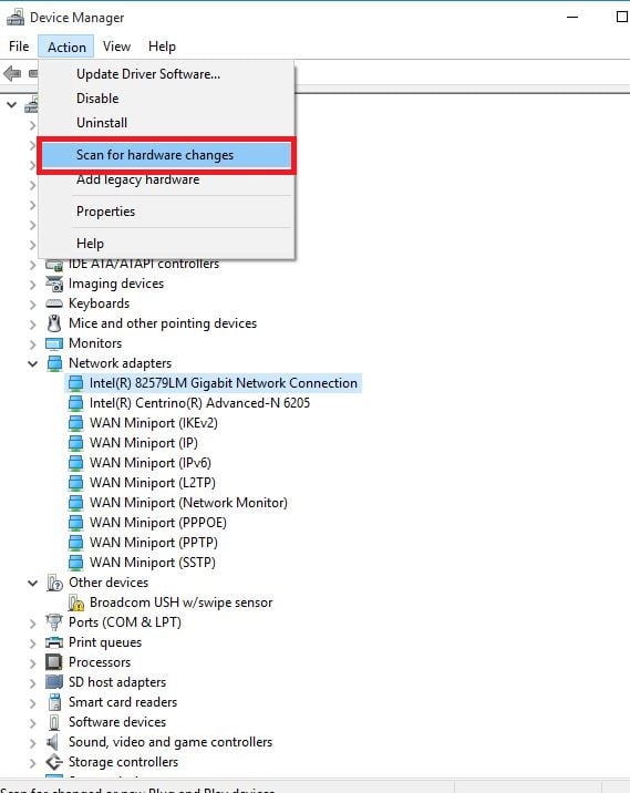 escanear en busca de cambios de hardware administrador de dispositivos La computadora portátil HP no se conecta a Wi-Fi en Windows 10