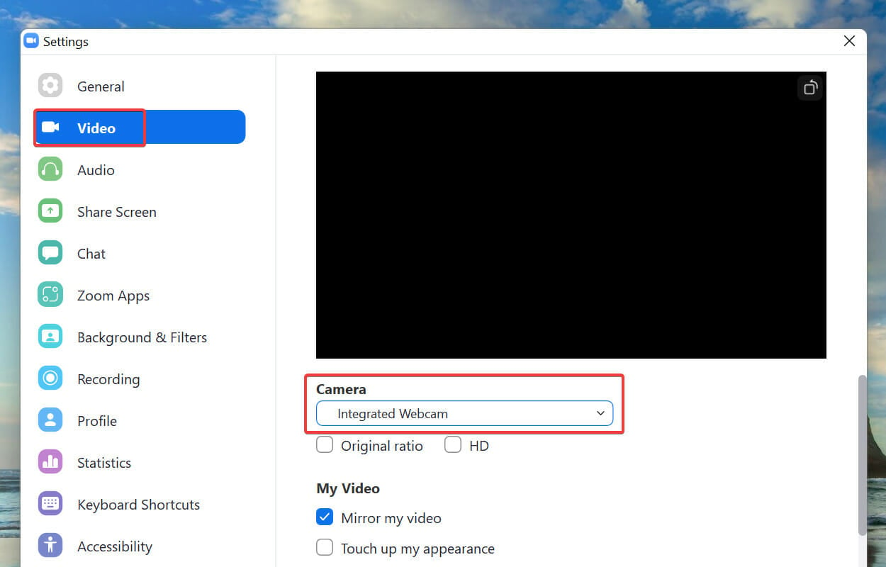 Verifique la selección de la cámara si Zoom no puede detectar una cámara en Windows 11/10