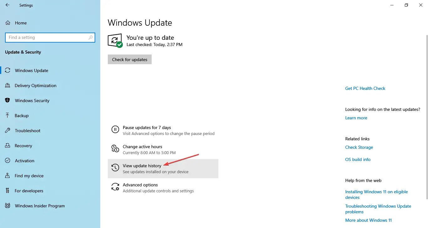 ver el historial de actualizaciones para corregir la excepción de kmode no manejada en Windows 10