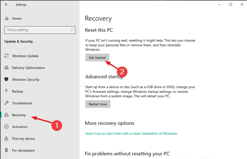El asistente de actualización de Windows 10 Recovery-Get-Start falló