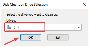 seleccione la unidad para arreglar la administración de memoria de Windows 10