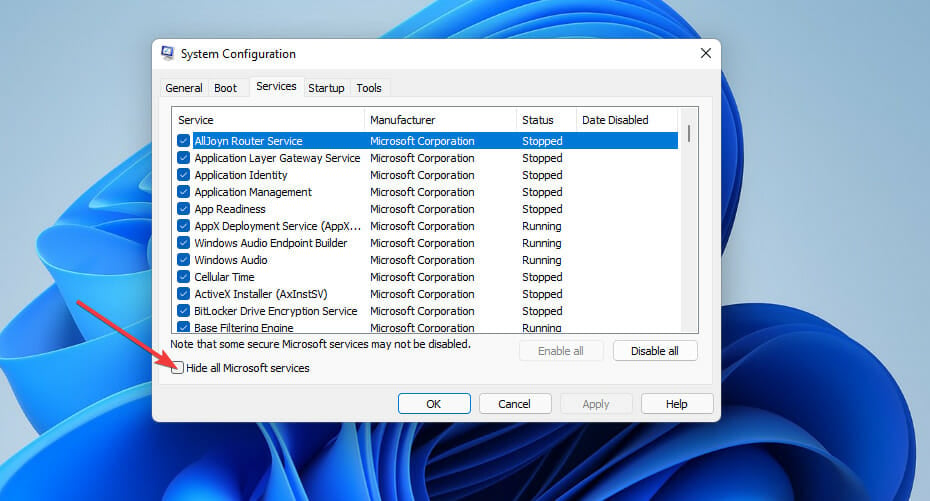 La casilla Ocultar todos los servicios de Microsoft forza horizon 4 no funciona en Windows 11