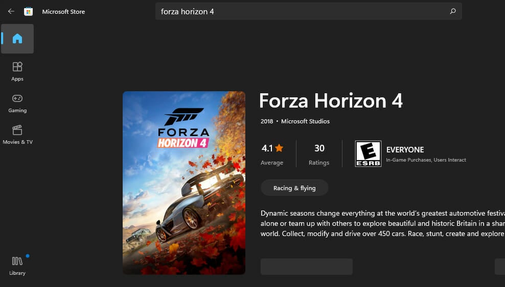 La página de MS Store de Forza Horizon 4 forza horizon 4 no funciona en Windows 11