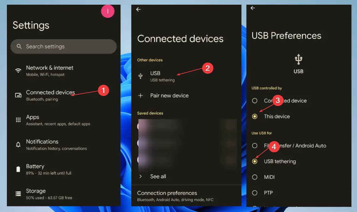 Habilite la conexión USB a través de la configuración de Android
