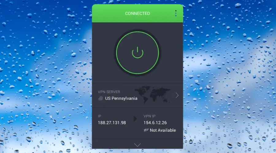 Interfaz de acceso privado a Internet VPn conectado a IP de Pensilvania