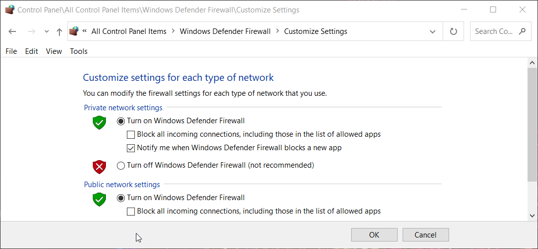 Las opciones de Desactivar el Firewall de Windows Defender se han desconectado de los servicios de blizzard