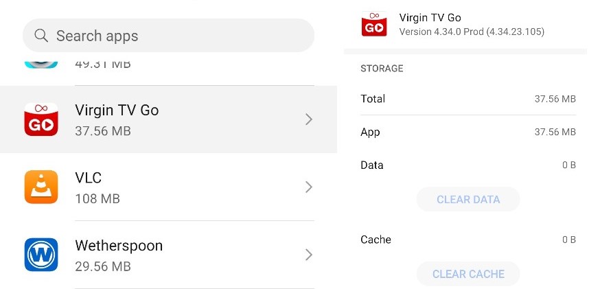 virgin tv go borrar datos de la aplicación y chache
