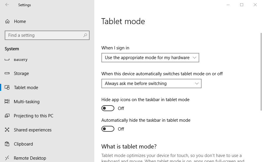 Opciones de modo tableta cómo recuperar la barra de herramientas en Windows 10