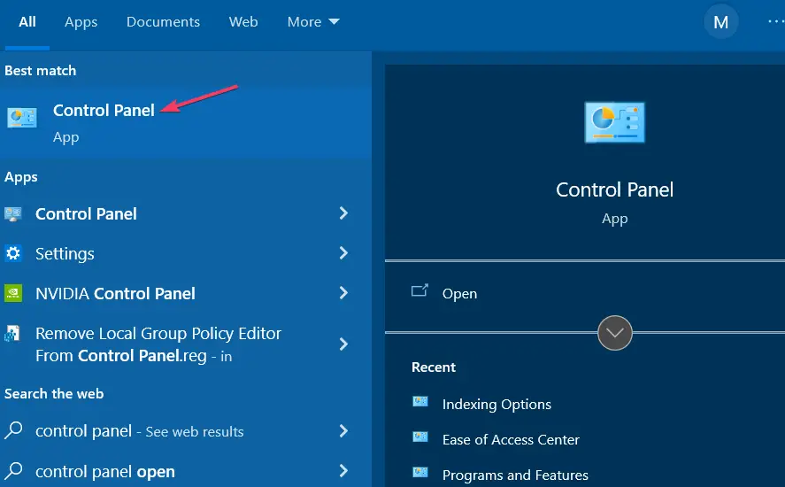 El resultado de la búsqueda del Panel de control desactiva el cambio de tamaño automático de la ventana de Windows 10