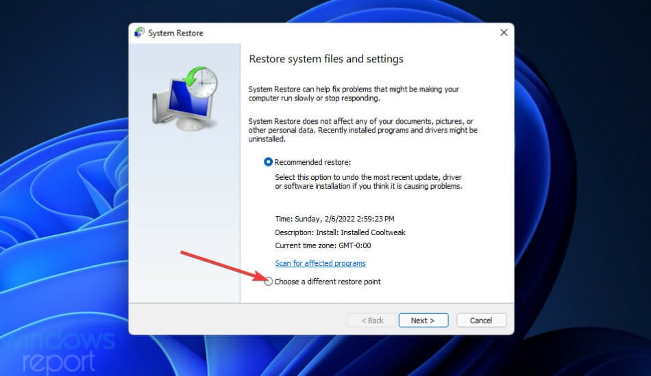 Elija una opción de punto de restauración diferente Windows Update Algo salió mal Windows 11