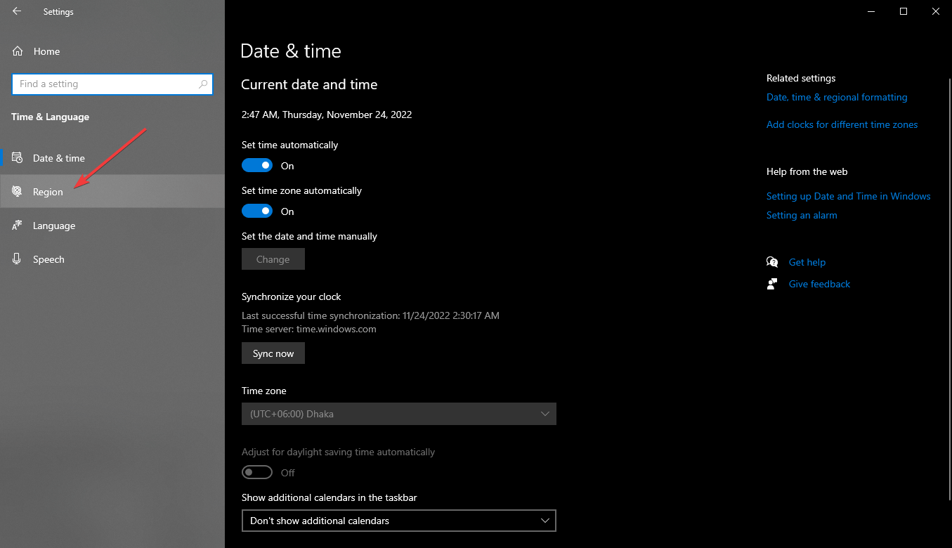 Configuración de Windows 10 de la región en curso
