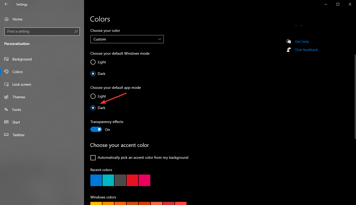 elija la configuración predeterminada de windows 10 de color del modo de aplicación