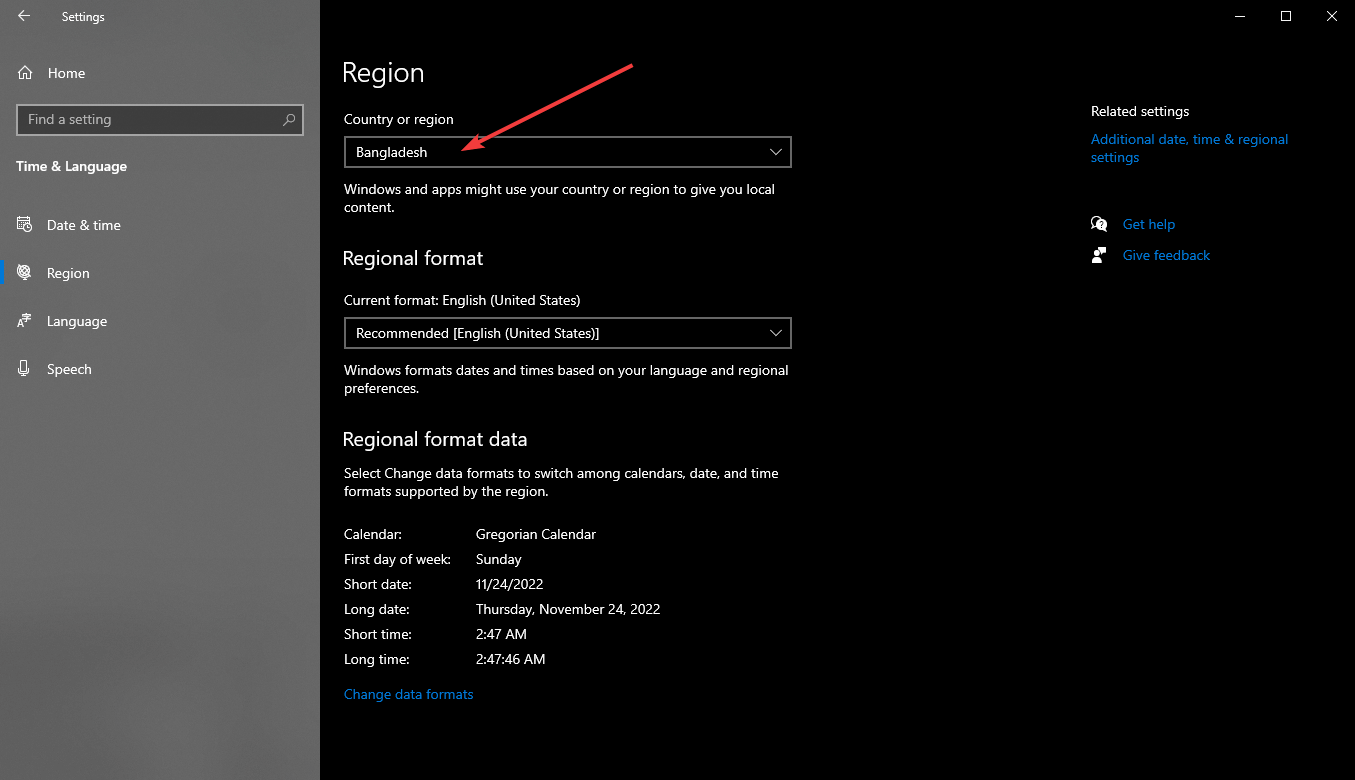 cambiar la configuración de Windows 10 de país o región