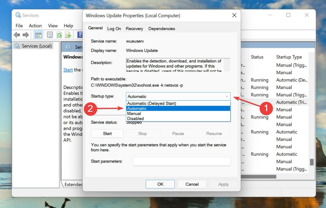Establezca el estado del servicio automático para corregir el error de instalación de Windows 11: 0x800f0831