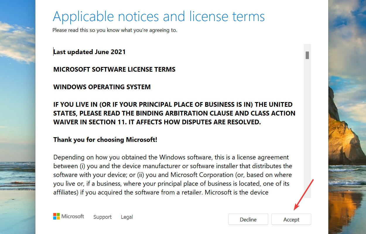Acepte los términos para reparar el error de instalación de Windows 11 - 0x800f0831