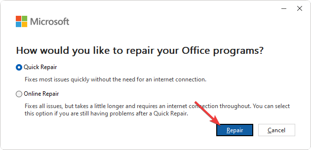 reparación de reparación rápida de Microsoft Office