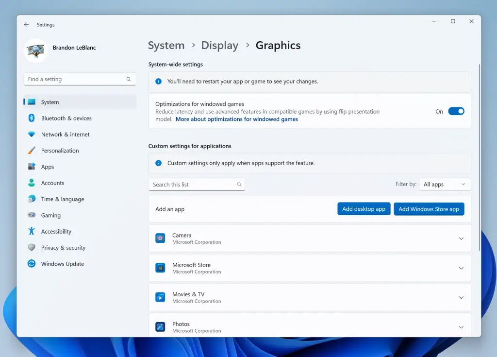 La página de configuración de gráficos se ha actualizado para que coincida mejor con las imágenes de Windows 11.