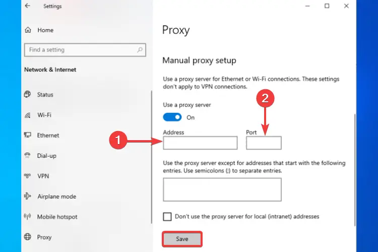 La configuración manual del proxy muestra la dirección y el número de puerto