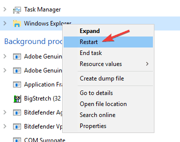 reiniciar Windows Explorer no puede mover iconos en el escritorio