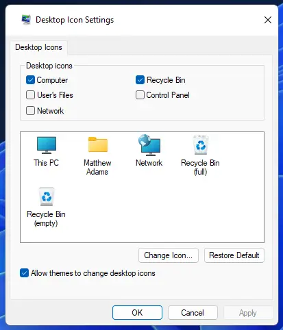 Ventana de configuración de iconos de escritorio Los iconos de escritorio de Windows 11 no se muestran