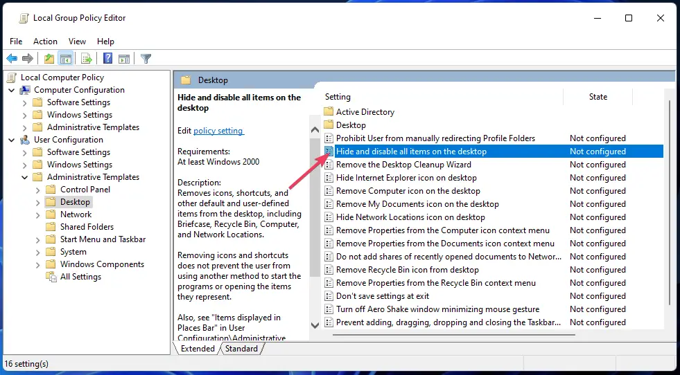 Ocultar y deshabilitar todos los elementos en la política de escritorio Los iconos de escritorio de Windows 11 no se muestran