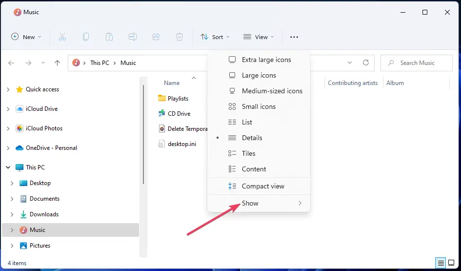 Mostrar opción Los iconos de escritorio de Windows 11 no se muestran