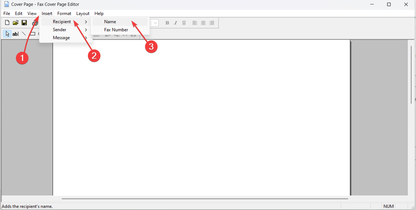 Inserte el menú y haga clic en Destinatario: editor de portadas de fax en Windows 11
