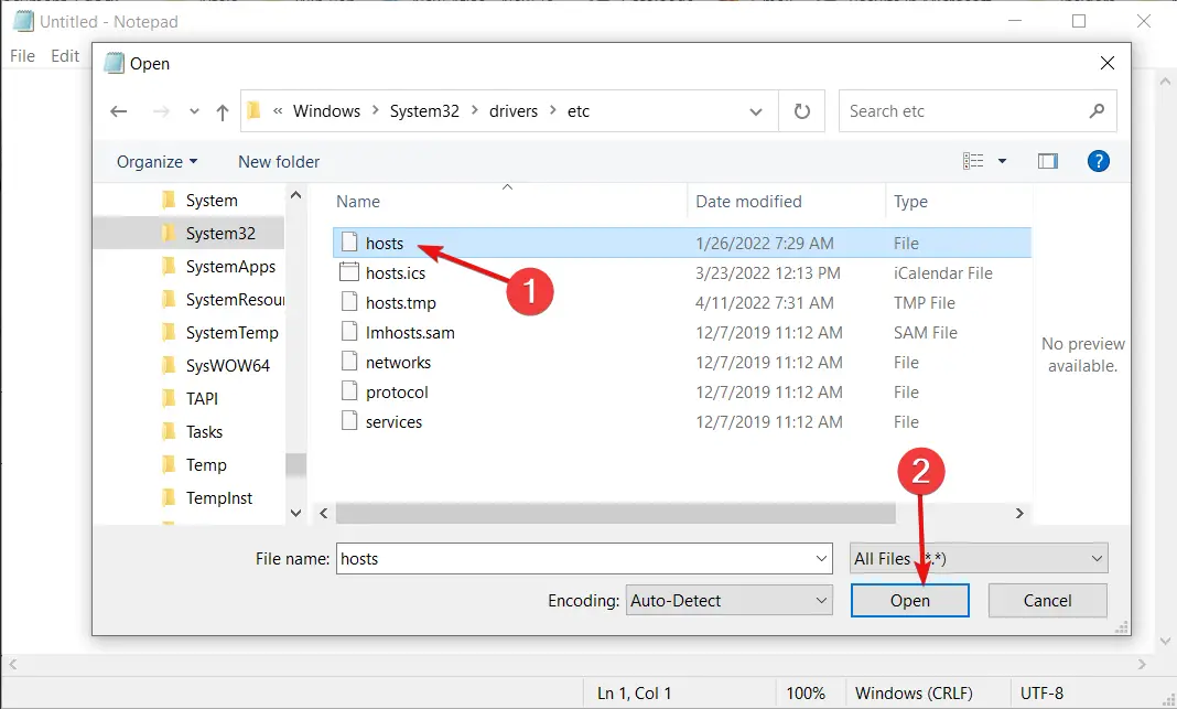 restablecer el archivo de hosts de Windows 10